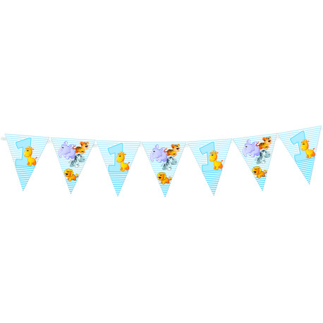 Little Animals Blue 1st Birthday Flags Banner